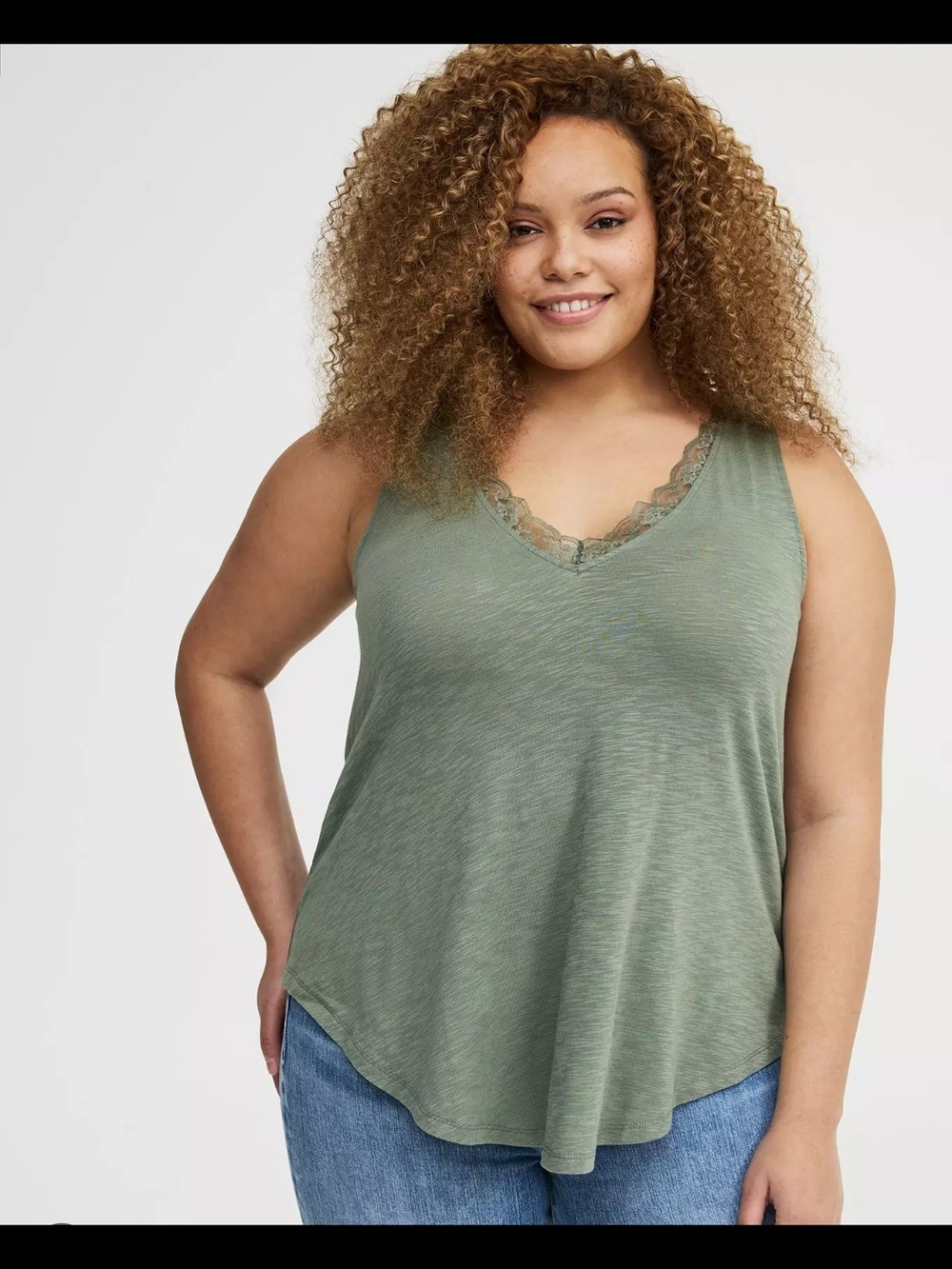 torrid Olive Green Lace-Trim V-Neck Tank